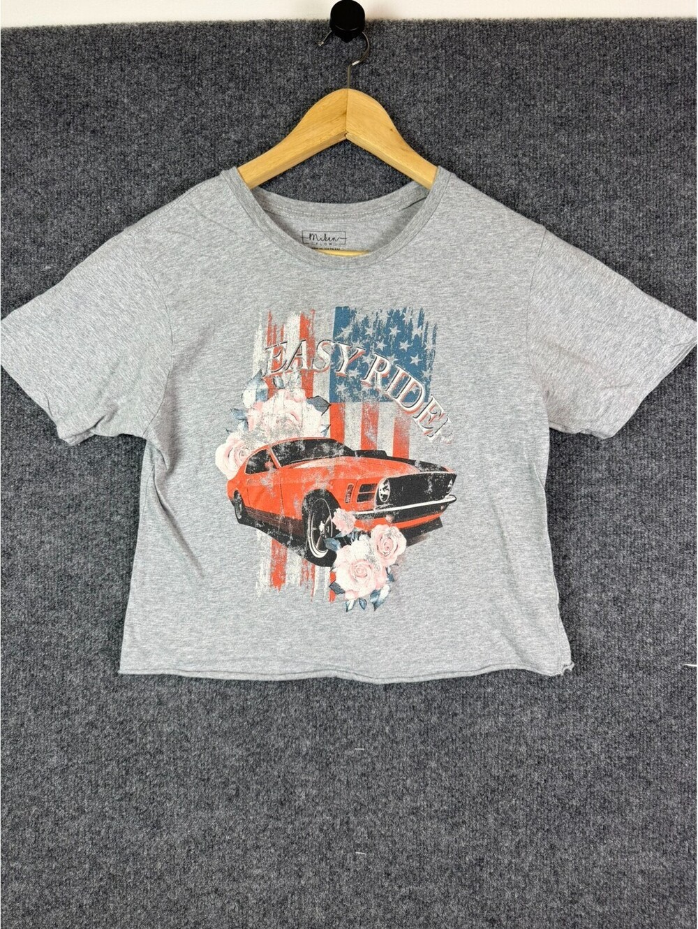 Miken Flow Womens M Crop Top T Shirt Easy Rider Muscle Car USA Flag Gray Graphic